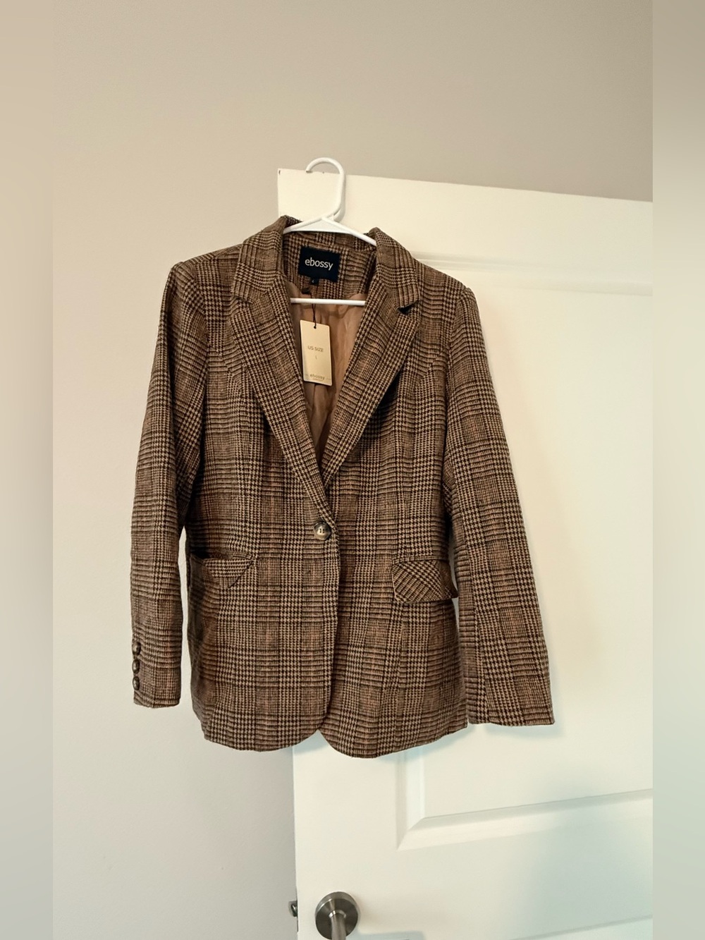 NWT Ebossy Brown Glen Plaid Houndstooth Blazer Jacket Single Button Casual Work🧡 - Picture 3 of 8